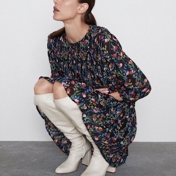 Zara Dresses & Skirts - Zara The Annie Pleated Floral Chiffon Long Sleeve Mini Dress​​
